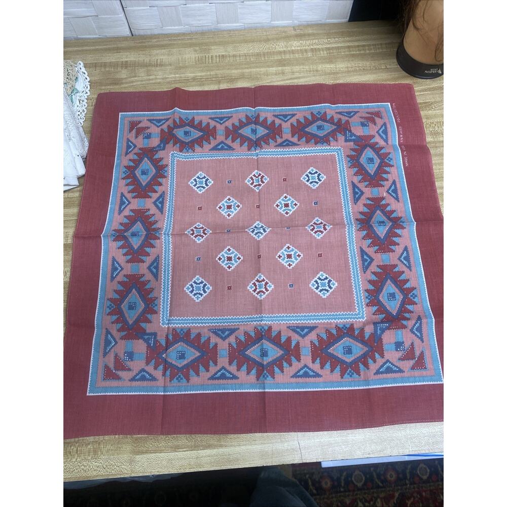 WAMCRAFT Pink Teal Bandana Handkerchief Aztec Southwest USA 50/50 21” Square